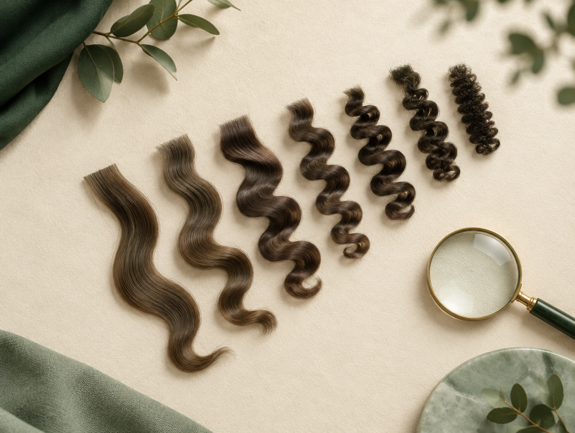 Editorial Flatlay mit Lockengradient-Ribbons in Creme, Grün und Salbei – ASELECION Magazin Titelbild zum Locktyp-Chart 2A-4C