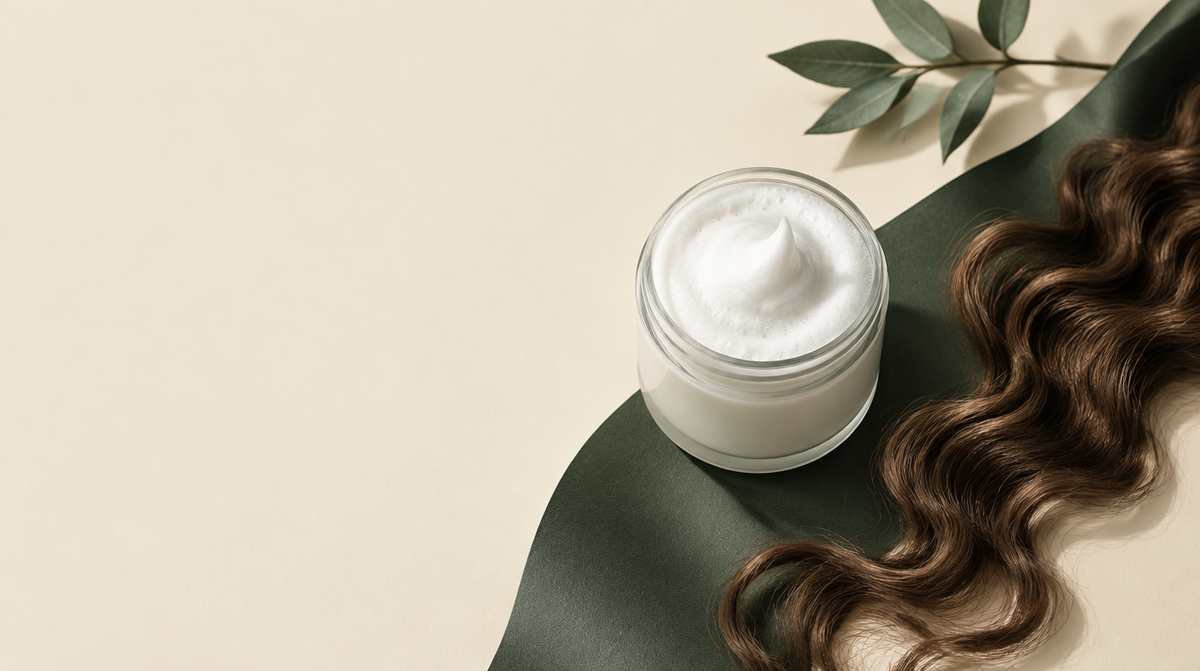 Minimalistisches Flatlay-Foto: Schaumfestiger-Dose mit Mousse-Textur und welligen Haarsträhnen auf cremefarbenem Hintergrund mit Salbeigrün-Akzent