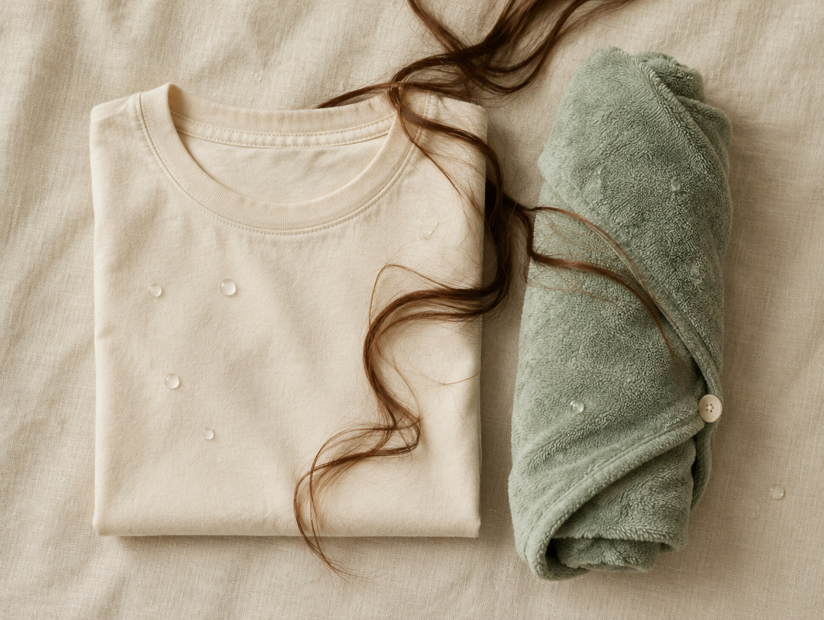 T-Shirt und Mikrofaser-Handtuch als Flatlay für Haartrocknung welliges Haar, ASELECION Markenfarben